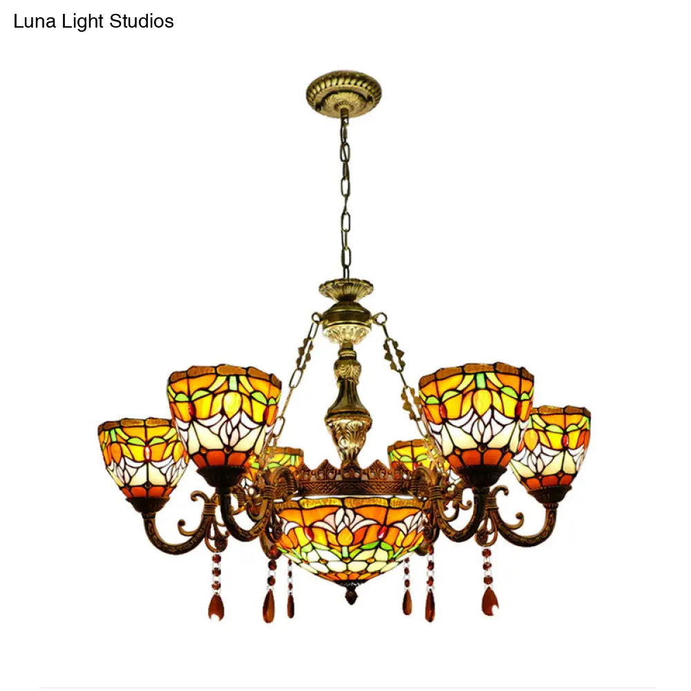 Rustic Orange Tiffany Chandelier With Flower Stained Glass And Agate Pendant For Living Room