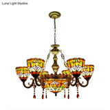 Rustic Orange Tiffany Chandelier With Flower Stained Glass And Agate Pendant For Living Room