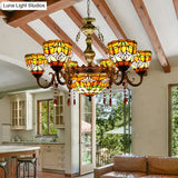 Rustic Orange Tiffany Chandelier With Flower Stained Glass And Agate Pendant For Living Room