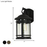 Rustic Outdoor Wall Lantern Sconce With Clear Seeded Glass Metal Frame In Coffee/Black - 1 Light