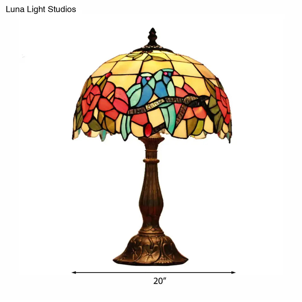 Rustic Parrot Table Lamp: Rose-Stained Glass Lighting In Brass/Copper For Bedroom