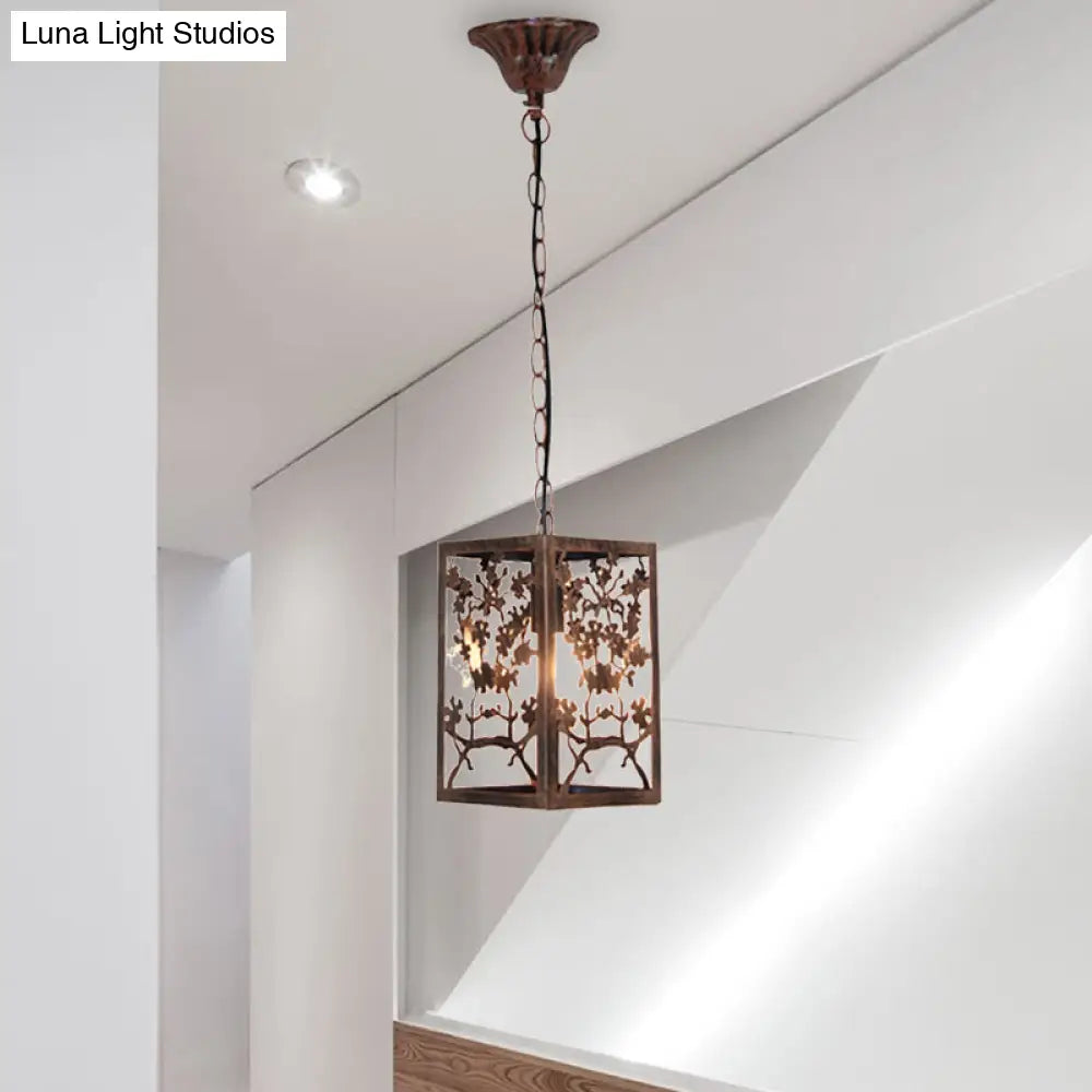 Rustic Pendant Ceiling Light With Cage - Traditional Metal 1 Hanging Lamp For Living Room