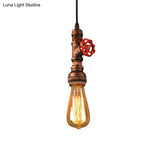 Rustic Pipe Hanging Lamp: Farmhouse Style Wrought Iron Light Fixture With Red Valve -
