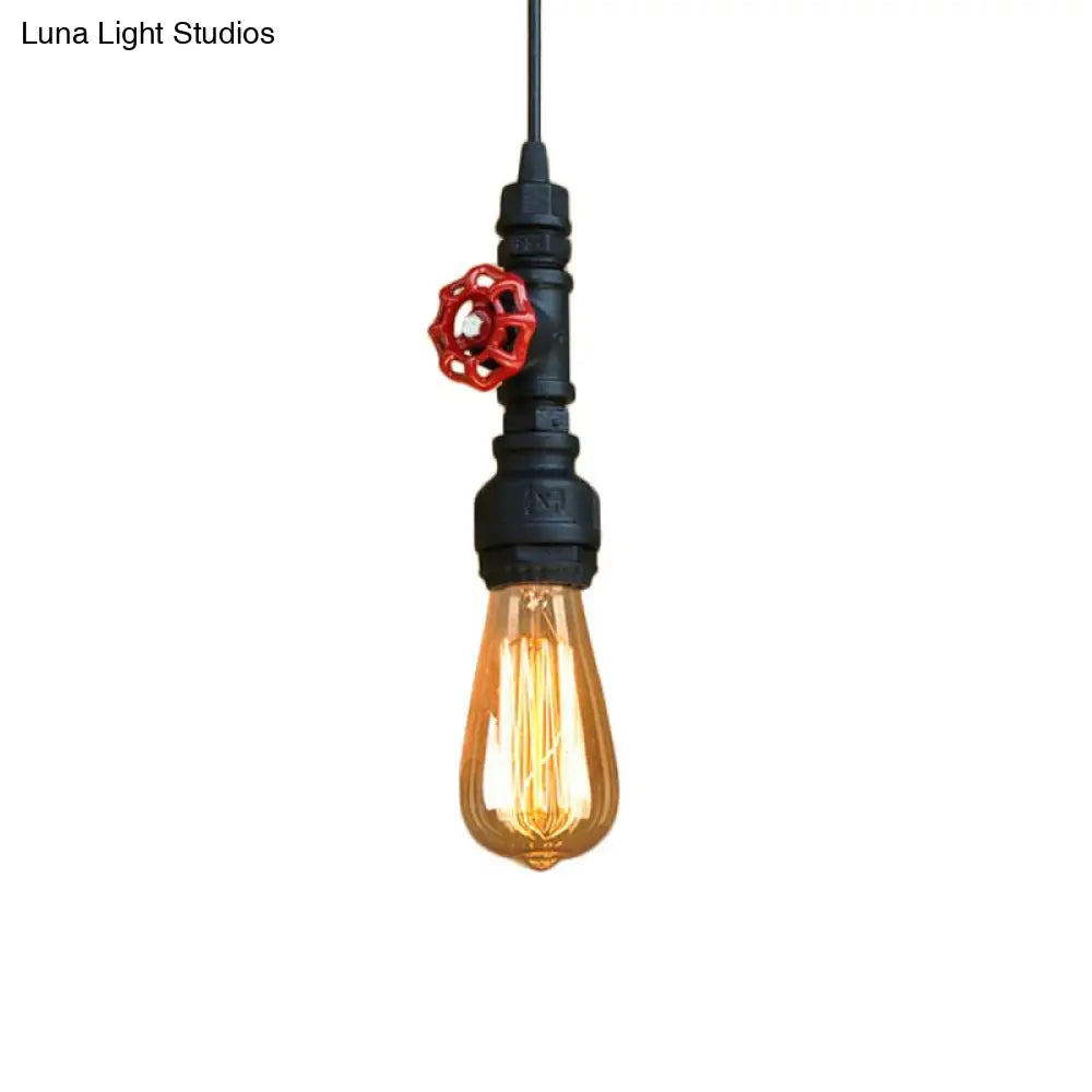 Rustic Pipe Hanging Lamp: Farmhouse Style Wrought Iron Light Fixture With Red Valve -
