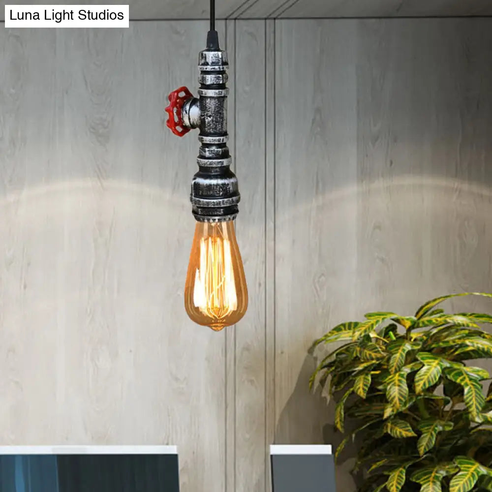 Rustic Pipe Hanging Lamp: Farmhouse Style Wrought Iron Light Fixture With Red Valve -