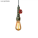 Rustic Pipe Hanging Lamp: Farmhouse Style Wrought Iron Light Fixture With Red Valve -