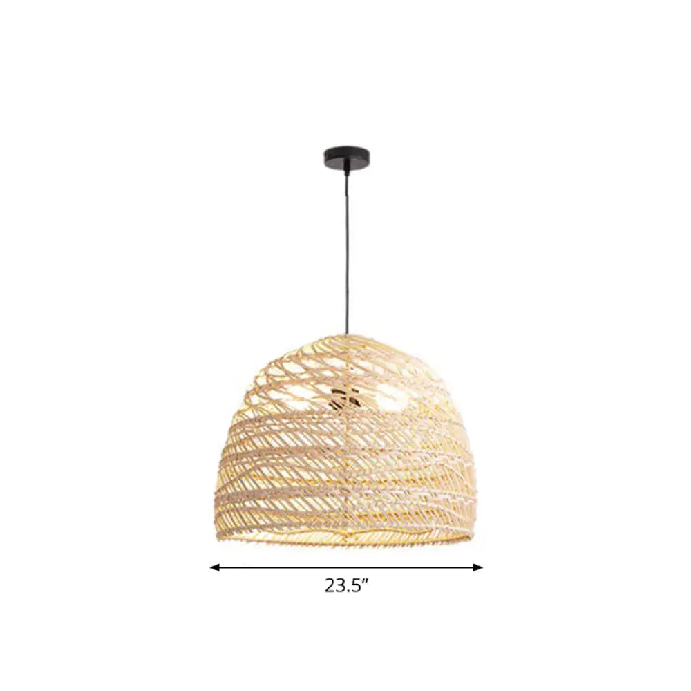 Rustic Rattan 1-Head Domed Pendant Lamp For Bedroom Ceiling Wood / Large Round