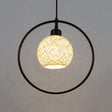 Rustic Rattan Ball Shade Hanging Light - Beige/White Single Pendant Lamp With Black Metal Ring White