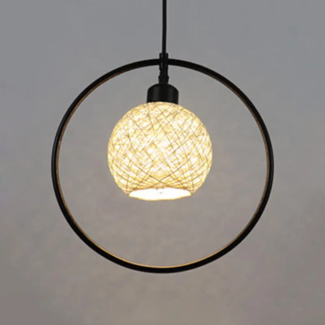 Rustic Rattan Ball Shade Hanging Light - Beige/White Single Pendant Lamp With Black Metal Ring White