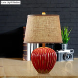 Rustic Red/Blue Ceramic Table Lamp With Tapered Drum Shade