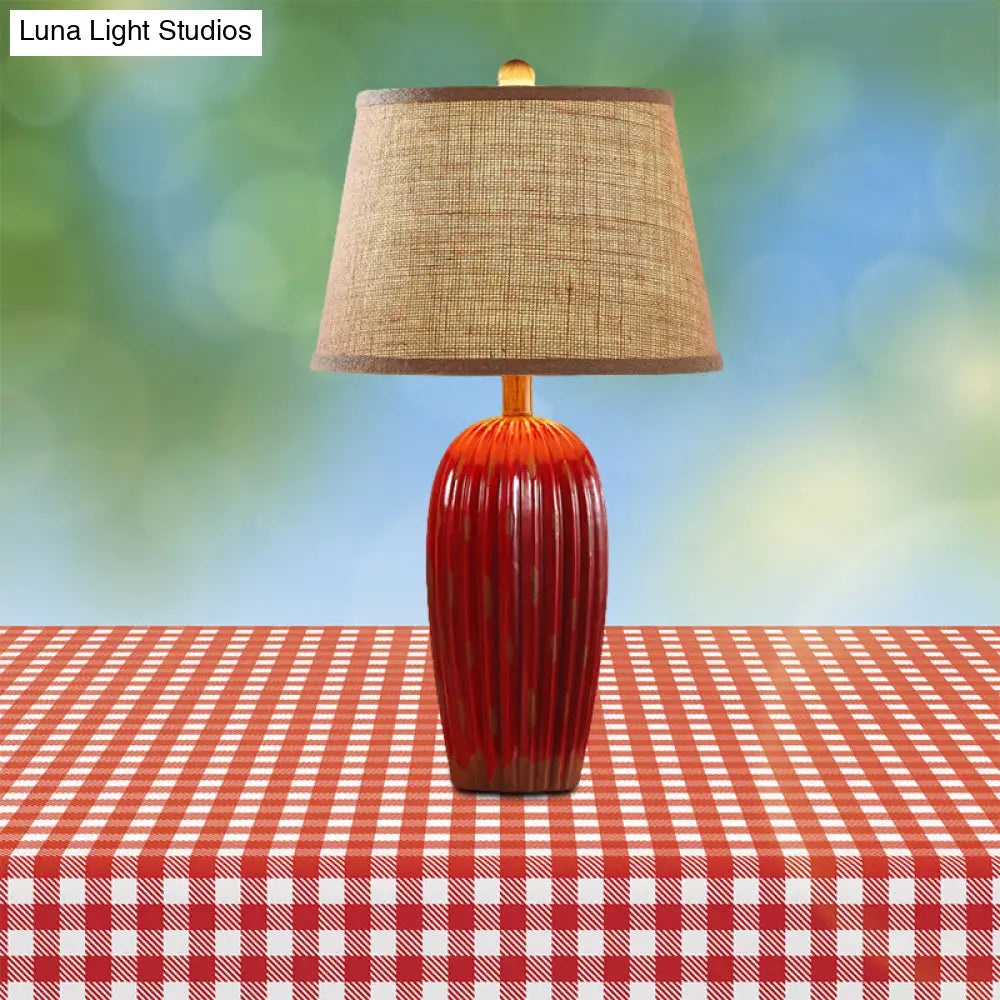 Rustic Red/Blue Ceramic Table Lamp With Tapered Drum Shade