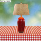 Rustic Red/Blue Ceramic Table Lamp With Tapered Drum Shade