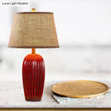 Rustic Red/Blue Ceramic Table Lamp With Tapered Drum Shade
