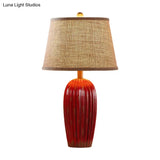 Rustic Red/Blue Ceramic Table Lamp With Tapered Drum Shade