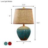 Rustic Red/Blue Ceramic Table Lamp With Tapered Drum Shade