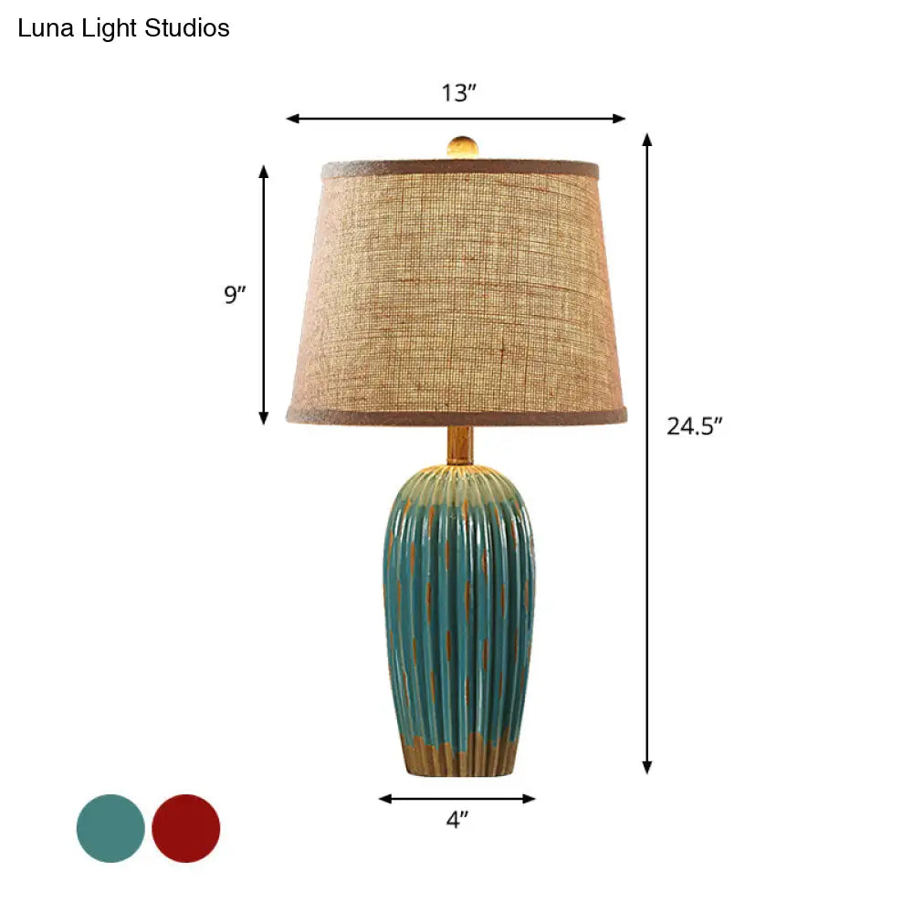 Rustic Red/Blue Ceramic Table Lamp With Tapered Drum Shade