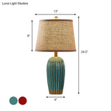 Rustic Red/Blue Ceramic Table Lamp With Tapered Drum Shade