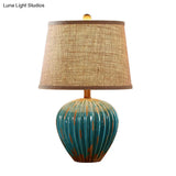Rustic Red/Blue Ceramic Table Lamp With Tapered Drum Shade