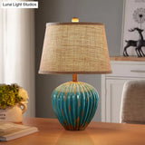 Rustic Red/Blue Ceramic Table Lamp With Tapered Drum Shade