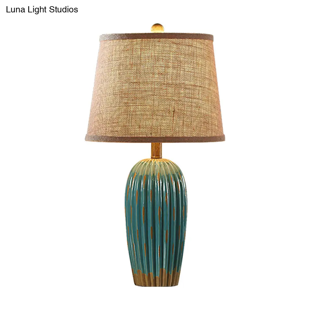Rustic Red/Blue Ceramic Table Lamp With Tapered Drum Shade