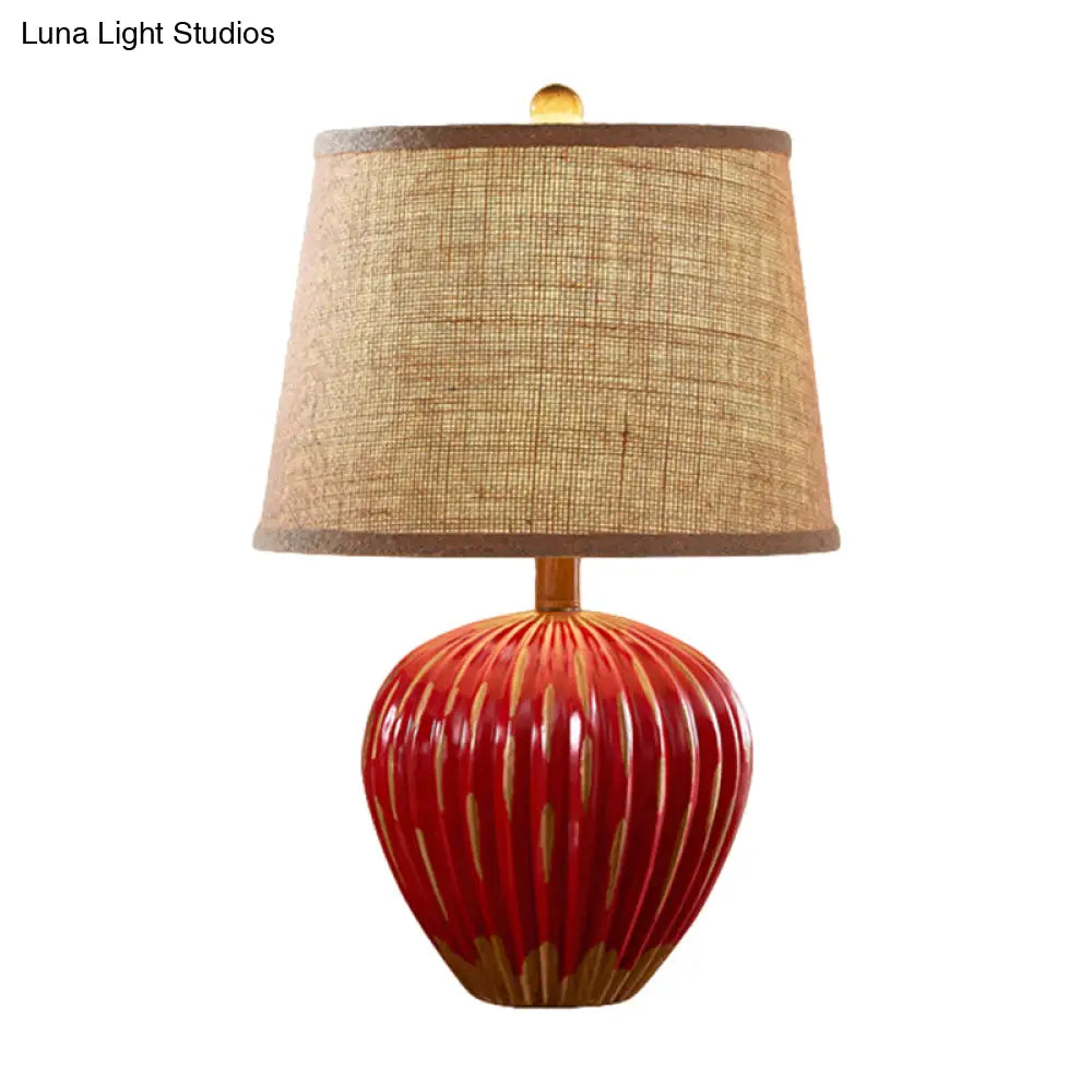 Rustic Red/Blue Ceramic Table Lamp With Tapered Drum Shade
