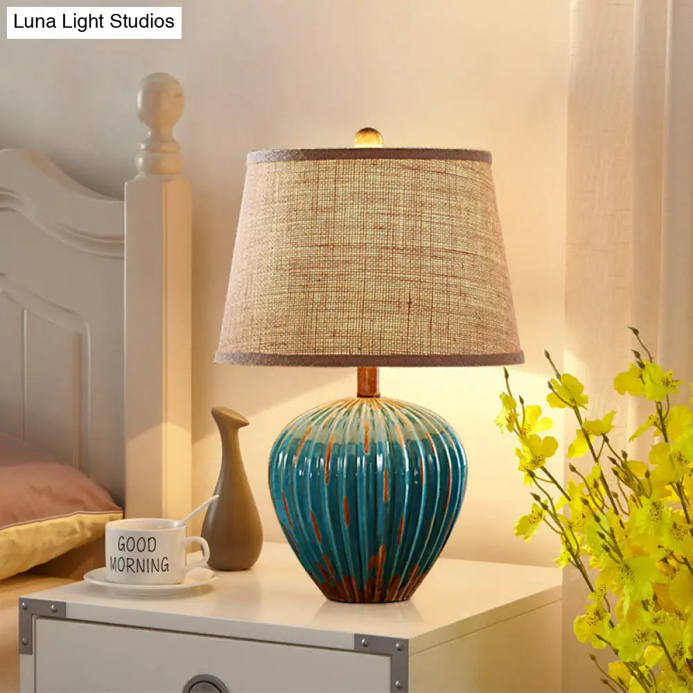 Rustic Red/Blue Ceramic Table Lamp With Tapered Drum Shade