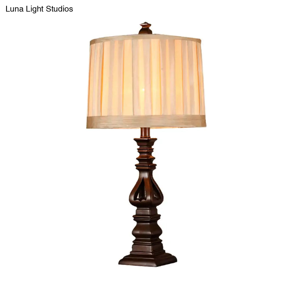 Rustic Red Brown Pleated Fabric Table Lamp: 1 Head Drum Shade Nightstand Light For Living Room