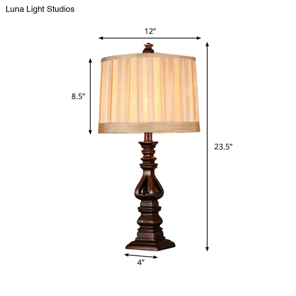 Rustic Red Brown Pleated Fabric Table Lamp: 1 Head Drum Shade Nightstand Light For Living Room