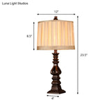 Rustic Red Brown Pleated Fabric Table Lamp: 1 Head Drum Shade Nightstand Light For Living Room