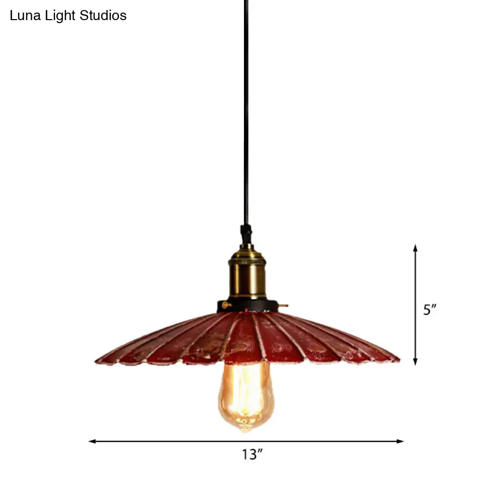 Rustic Red Scalloped Shade Pendant Lamp - Metallic Finish Coffee Shop Hanging Light Fixture