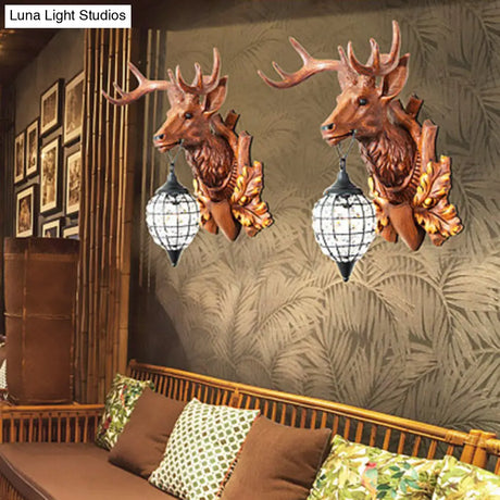 Rustic Resin Deer Head Bistro Wall Sconce: Single Mount Light With Crystal Oval Shade