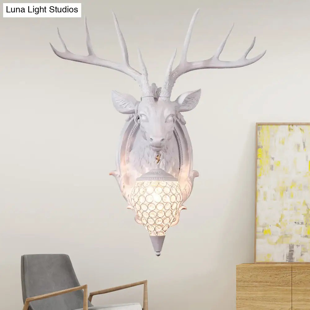 Rustic Resin Deer Wall Light With Crystal Shade - White/Beige/Yellow 1-Light Living Room Sconce Lamp