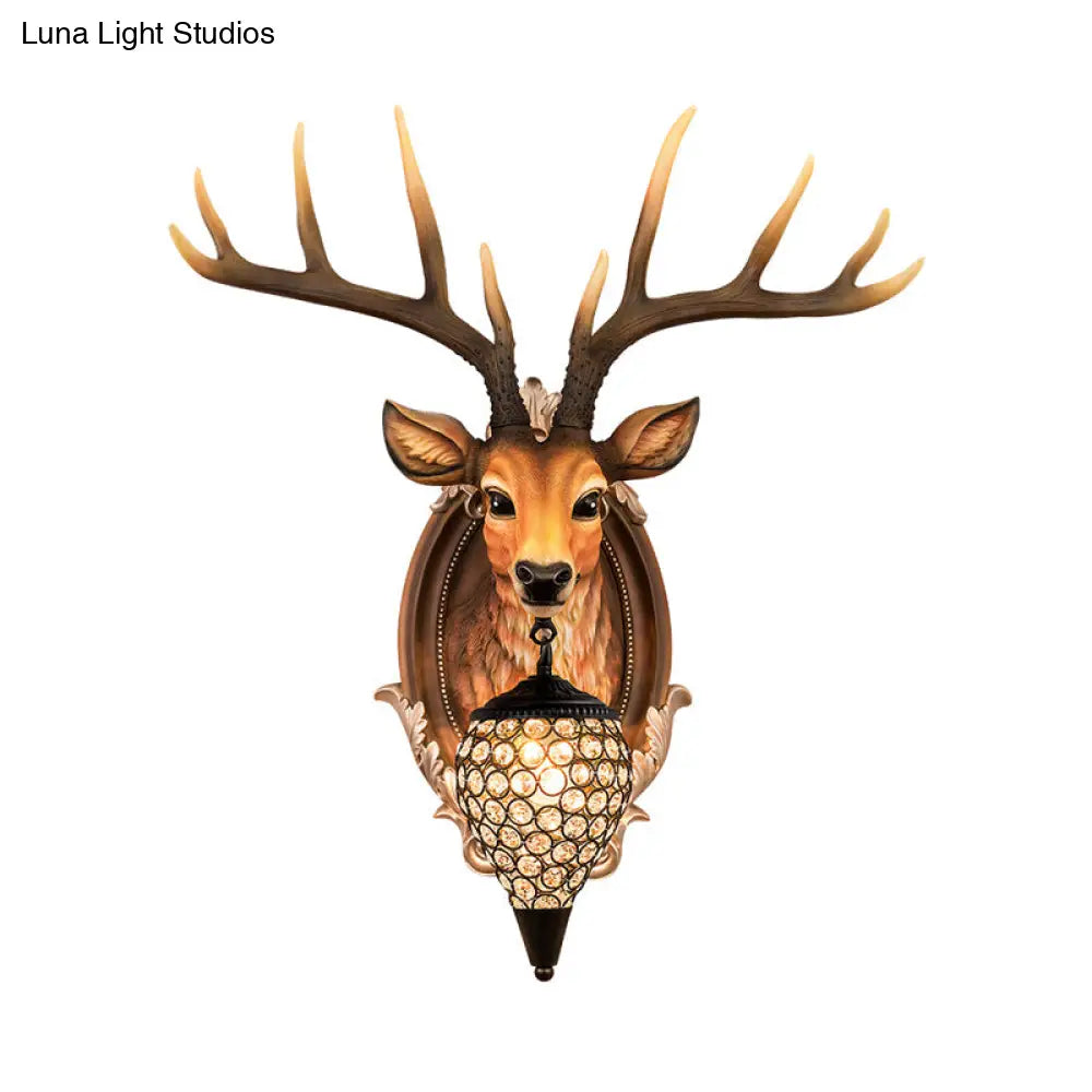 Rustic Resin Deer Wall Light With Crystal Shade - White/Beige/Yellow 1-Light Living Room Sconce Lamp