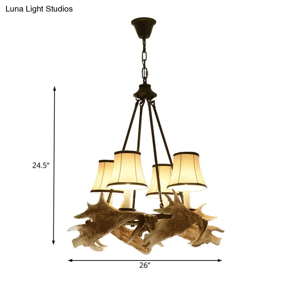 Rustic Resin Dining Room Chandelier - Tapered Design 4 Lights Beige Hanging Fixture With Fabric