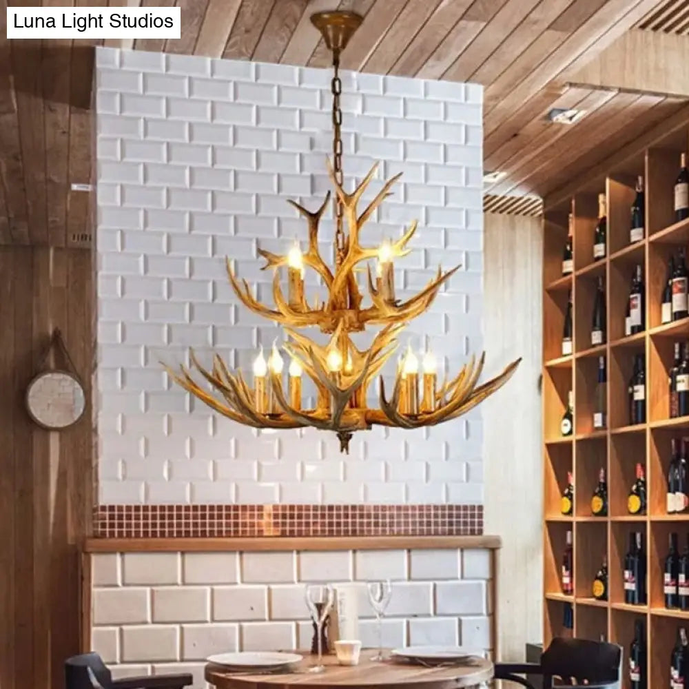 Rustic Resin Wood Finish Antler Chandelier - Living Room Ceiling Suspension Lamp