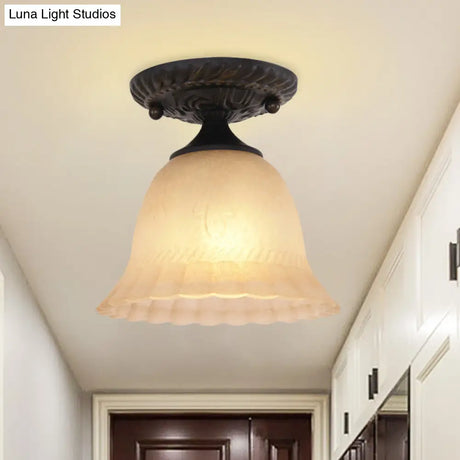 Rustic Ribbed Glass Bell Semi Flush Light With 1-Bulb Black Finish