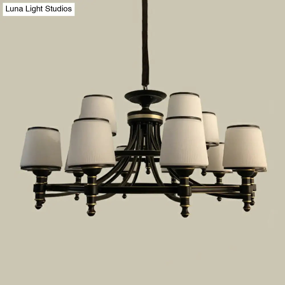 Rustic Ribbed Glass Dining Room Chandelier With Black Tapered Shade
