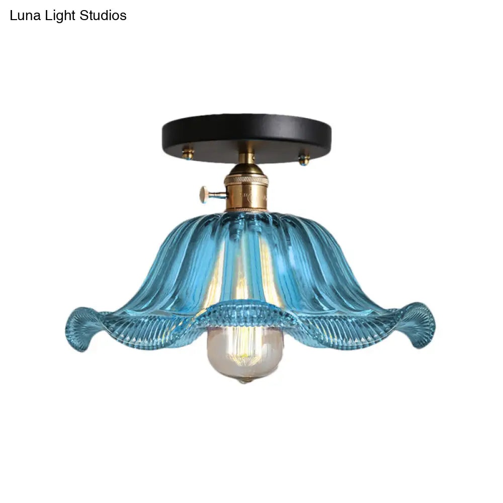 Rustic Ribbed Glass Scalloped Semi Flush Light Red/Blue/Clear 8’/10’/12’ Wide