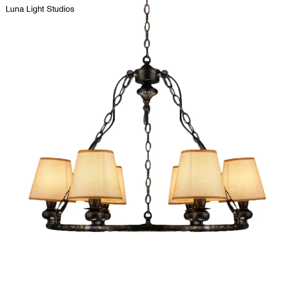 Rustic Ring Pendant Chandelier - 6-Light Fabric Ceiling Light In Black For Living Room