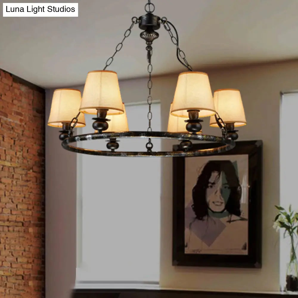 Rustic Ring Pendant Chandelier - 6-Light Fabric Ceiling Light In Black For Living Room