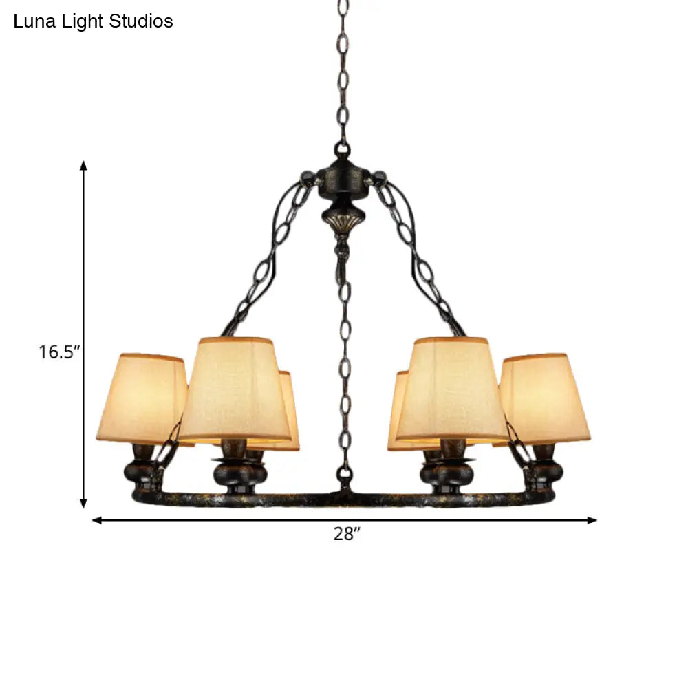 Rustic Ring Pendant Chandelier - 6-Light Fabric Ceiling Light In Black For Living Room