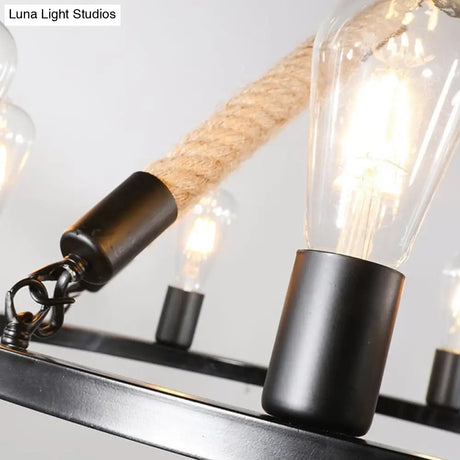 Rustic Rope Chandelier With Circular Black Metal Design And Exposed Bulbs