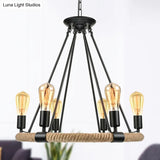 Rustic Rope Ring Chandelier - Lodge Style Pendant Light With Adjustable Chain 6/8 Heads Black