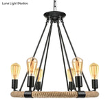Rustic Rope Ring Chandelier - Lodge Style Pendant Light With Adjustable Chain 6/8 Heads Black