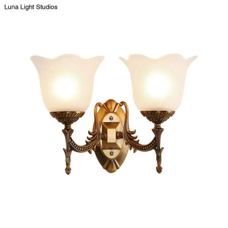 Rustic Scalloped Brass Bell Wall Light With Frosted Glass - Perfect For Living Rooms