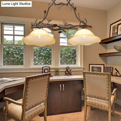 Rustic Scalloped Opal Glass Island Pendant - 2 Light Bedroom Lamp In Beige