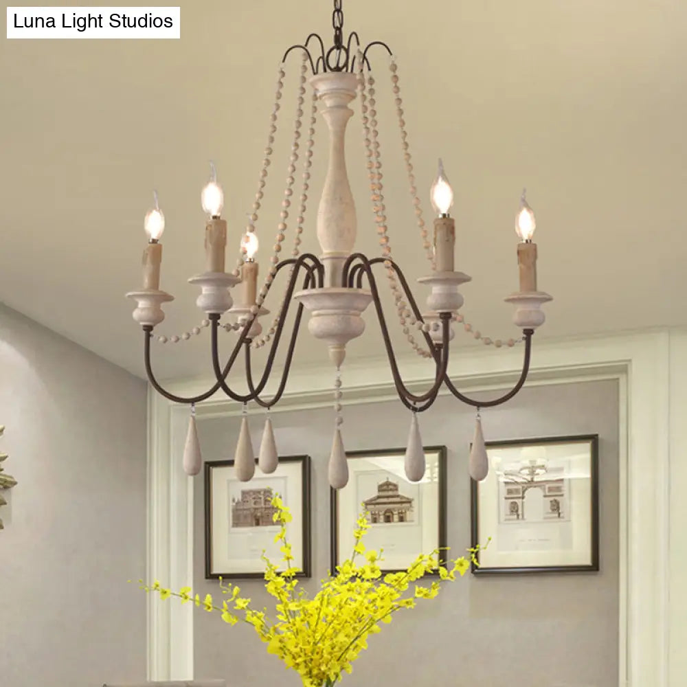Rustic Scrolled Arm Pendant Light: Distressed Wood Chandelier For Living Room