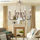 Rustic Scrolled Arm Pendant Light: Distressed Wood Chandelier For Living Room