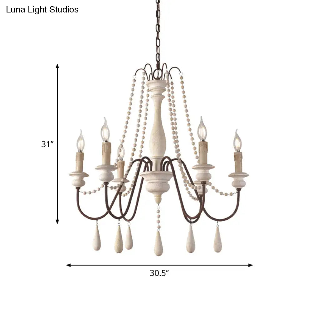 Rustic Scrolled Arm Pendant Light: Distressed Wood Chandelier For Living Room