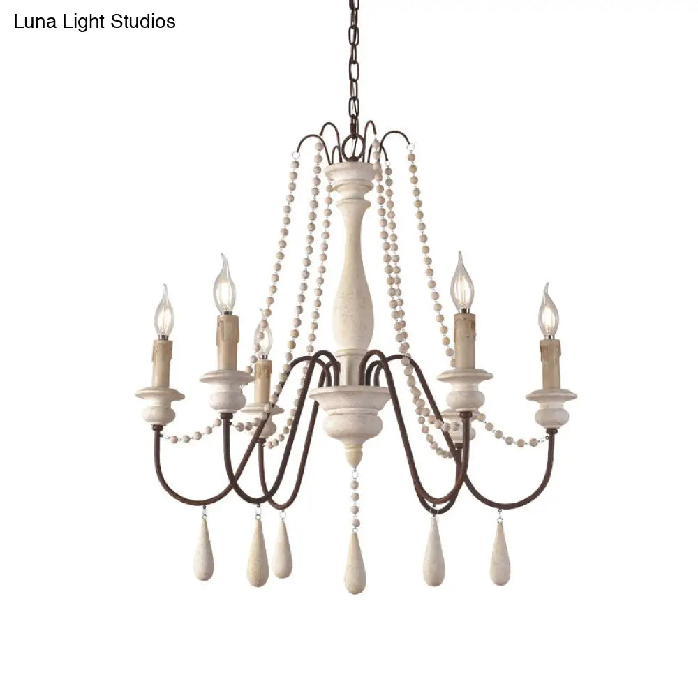 Rustic Scrolled Arm Pendant Light: Distressed Wood Chandelier For Living Room